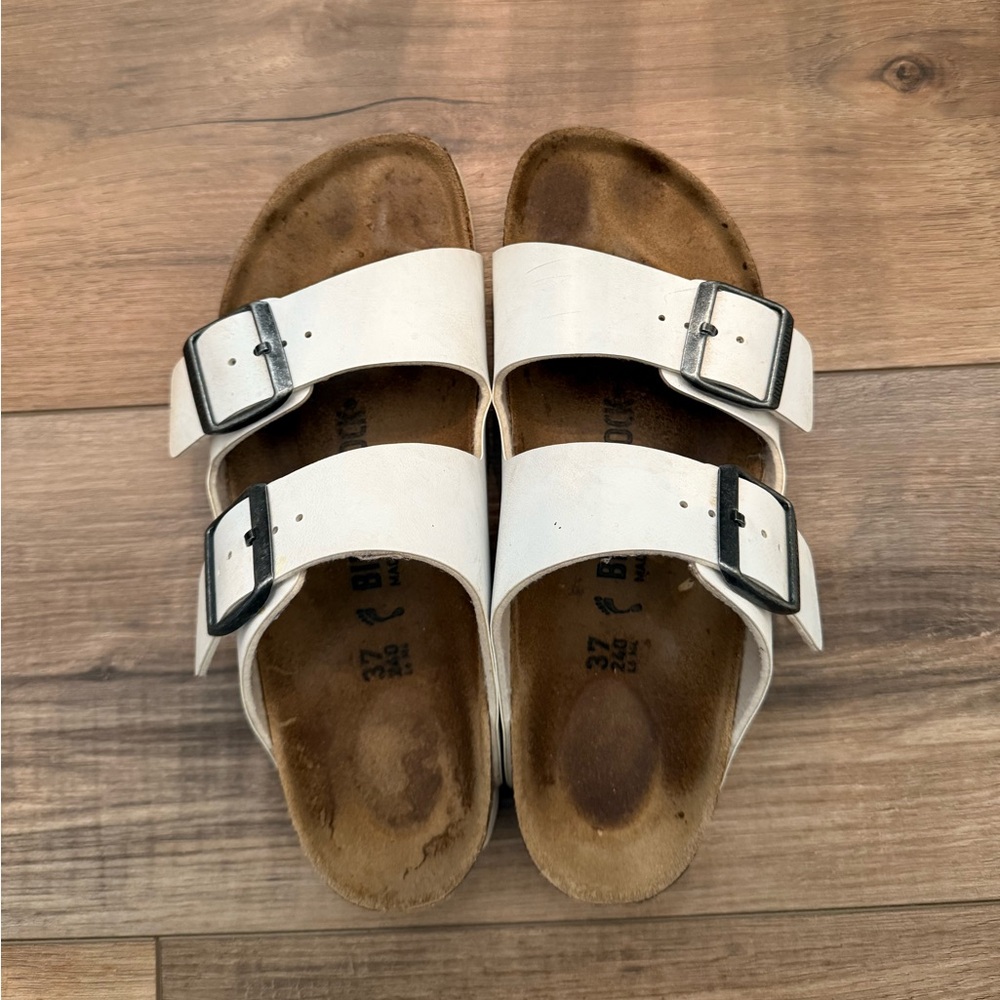 Birkenstock Arizona White Leather Sandals, Burke-Flor, Size 37
